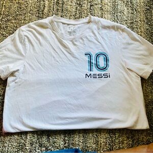White Messi T-Shirt with Blue Number 10